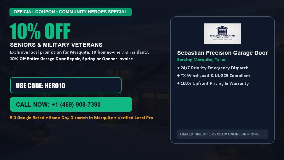 Sebastian Precision Garage Door 10% OFF Seniors & Military Veterans in Mesquite, TX